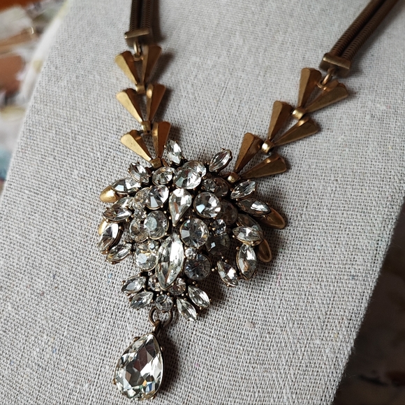 J. Crew Art Deco Revival Brass Tone Clear Stone Statement Necklace Reproduction - Picture 4 of 16